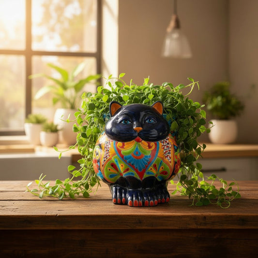 Fat Cat Talavera Planter | Handmade Mexican Pottery