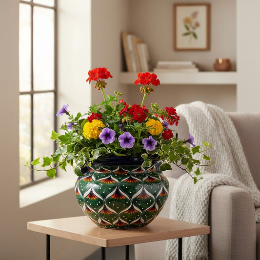 Vibrant Talavera Flower Pot | Green Peacock Design
