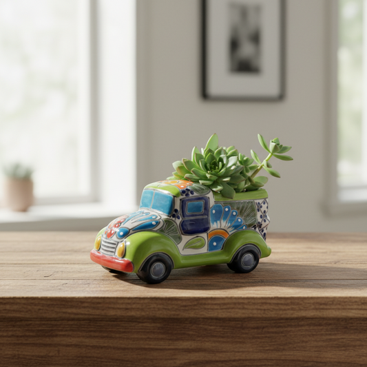 Hand-Painted Talavera Car Planter | Colorful Ceramic Car Statue