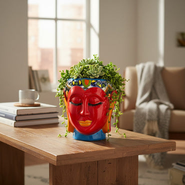 Talavera Face Planter | Hand-Painted Mexican Lady Pot Folk Art