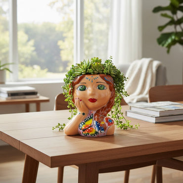 Hand-Painted Talavera Ceramic Lady Planter | Mexican Artwork Decor