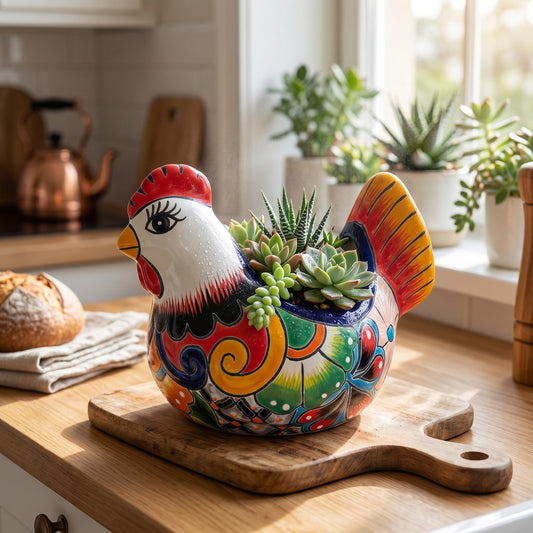 Colorful Talavera Chicken Planter | Mexican Ceramic Art