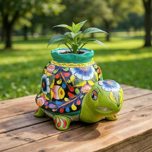 Vibrant Talavera Turtle Planter | Mexican Pottery
