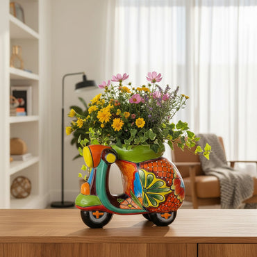 Colorful Talavera Scooter Planter | Ceramic Scooter Statue