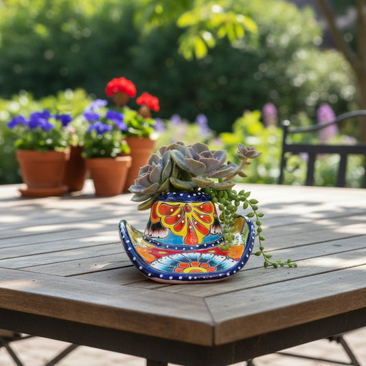 Small Talavera Sombrero Planter | Hand-Painted Cowboy Hat Decor