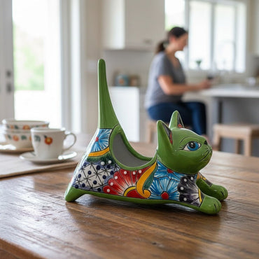 Talavera Cat Planter | Colorful Handmade Stretching Animal Pot