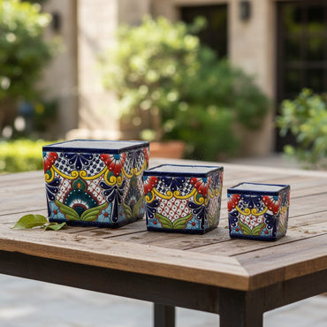 Set of 3 Hand-Painted Talavera Square Planters Set | Floral Pots