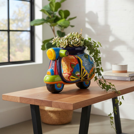 Colorful Talavera Scooter Planter | Ceramic Scooter Statue