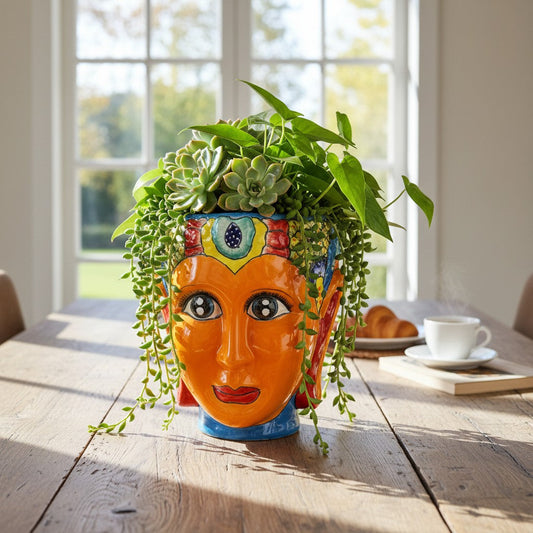 Talavera Face Planter | Hand-Painted Mexican Lady Pot Folk Art