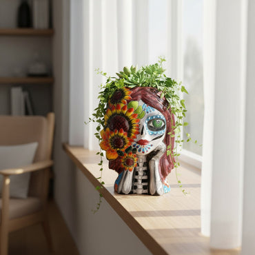 Talavera Sunflower Skull Planter | Handmade Day of the Dead Pot