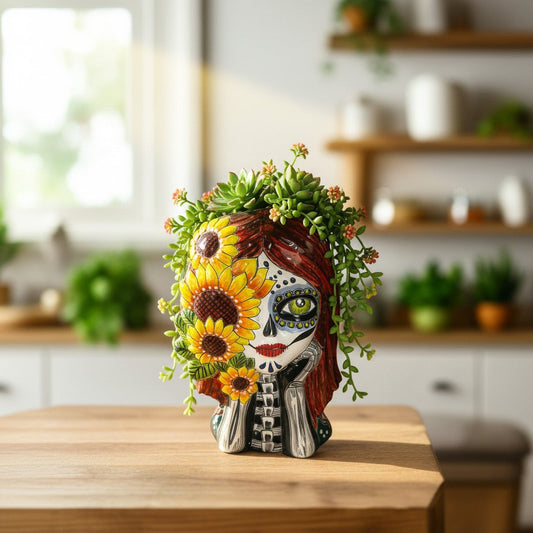 Talavera Sunflower Skull Planter | Handmade Day of the Dead Pot