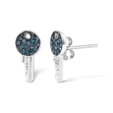 Treated Blue Diamond Key Motif Stud Earrings in Sterling Silver – 1/6 Cttw
