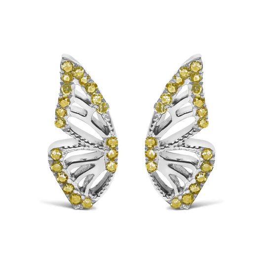 Treated Yellow Diamond Butterfly Stud Earrings in Sterling Silver – 1/6 Cttw