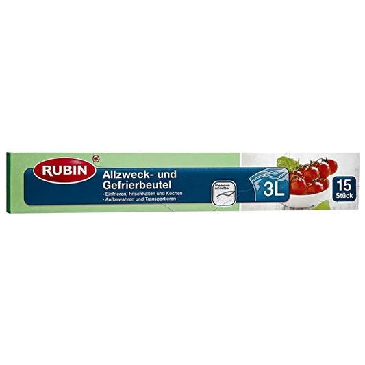Rubin 3 Liter Zipper Storage Bags - 15 Pack - Resealable, Recyclable Food Preservation Bags, Freezer Safe, Prevents Odors & Spills