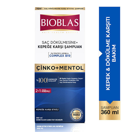 Bioblas Anti-Dandruff Shampoo with Zinc and Menthol for Hair Loss Treatment - 12.18 fl oz