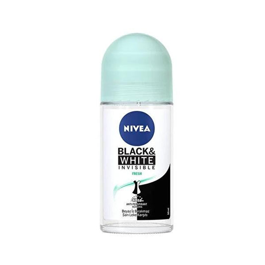 Nivea Deodorant Roll-On, Long-Lasting 48-Hour Protection, Alcohol-Free & Stain-Free for Sensitive Skin - Black & White Invisible Fresh 50ml