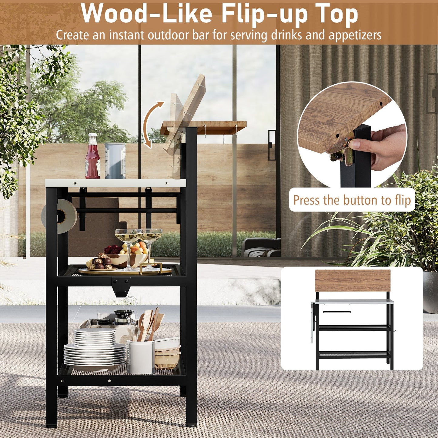 Outdoor Foldable Grill Table with Flip-Up Top and 2 Storage Shelves for Backyard Garden