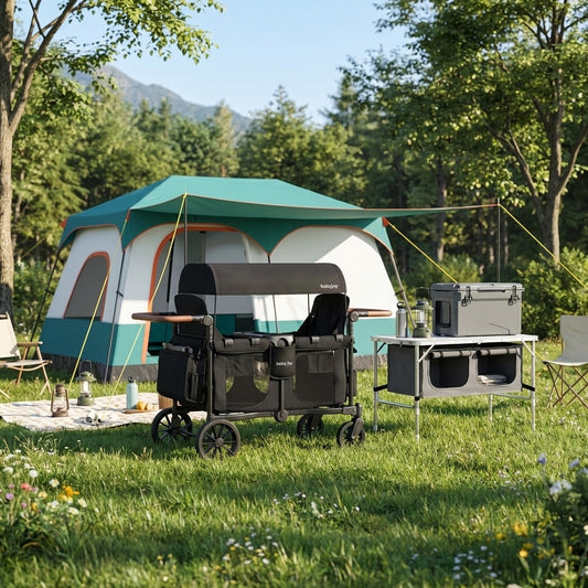 4-in-1 Family Camping Gear Set: Wagon Camping Table Cooler and Camping Tent
