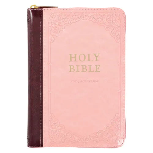KJV Holy Bible, Compact Faux Leather Red Letter Edition - Ribbon Marker, King James Version, Pink/Burgundy, Zipper Closure - Leather