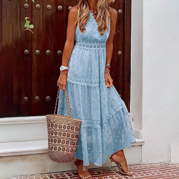 Women's Sleeveless Solid Color Lace Panel Dress