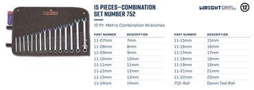 Wright Tool WRIGHTGRIP® 2.0 12 Point Combination Wrench Set 15 Piece Metric 752