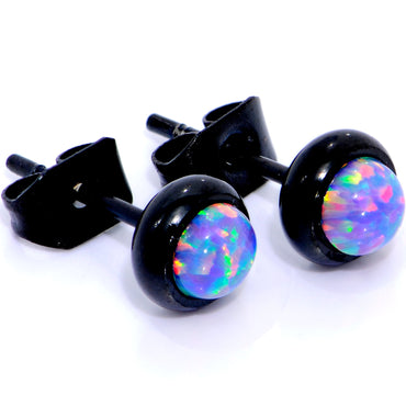 Purple Synthetic Opal Black IP 316L Surgical Steel Stud Earrings