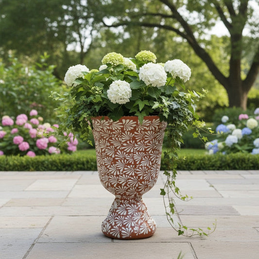 XL Brown & White Talavera Pedestal Planter | Handmade Flower Pot
