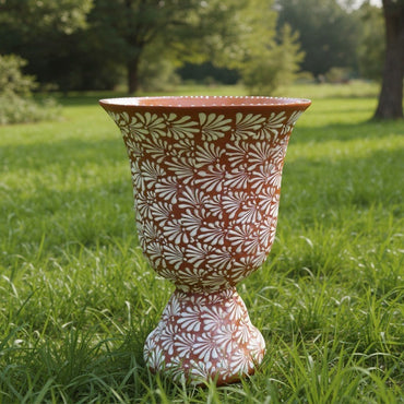 XL Brown & White Talavera Pedestal Planter | Handmade Flower Pot