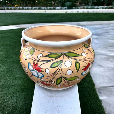 Extra Large Talavera Flower Pot | White & Tan Floral Design