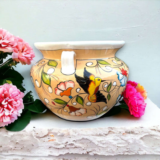 Extra Large Talavera Flower Pot | White & Tan Floral Design