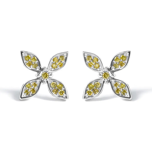 Yellow Diamond Floral Stud Earrings in Rhodium-Plated Sterling Silver – Treated