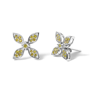Yellow Diamond Floral Stud Earrings in Rhodium-Plated Sterling Silver – Treated