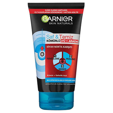 Garnier Charcoal Face Mask and Peeling Product - 3-in-1 Skincare Solution for Blackhead Removal