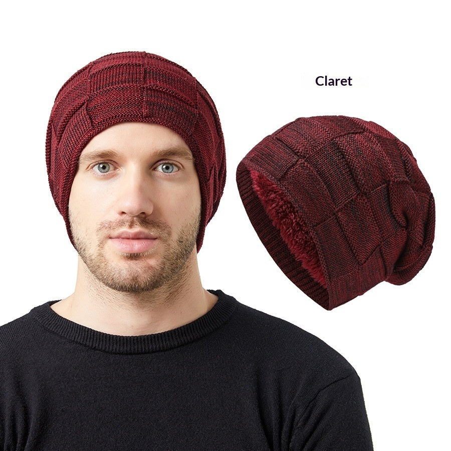 Mens Winter Knitted Hat Couples Style Warm Fleece-Lined Ear-Protecting Wool Cap