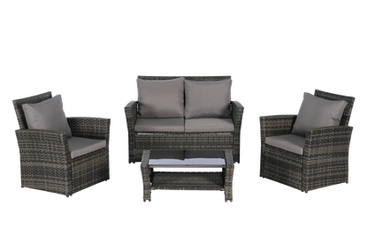 Outdoor Patio Set PE Rattan Steel Dark Gray 4 Piece Glass Seats 4