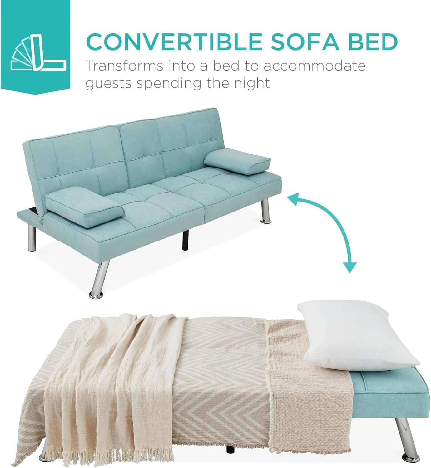Linen Folding Futon Sofa Bed Aqua With Removable Armrests