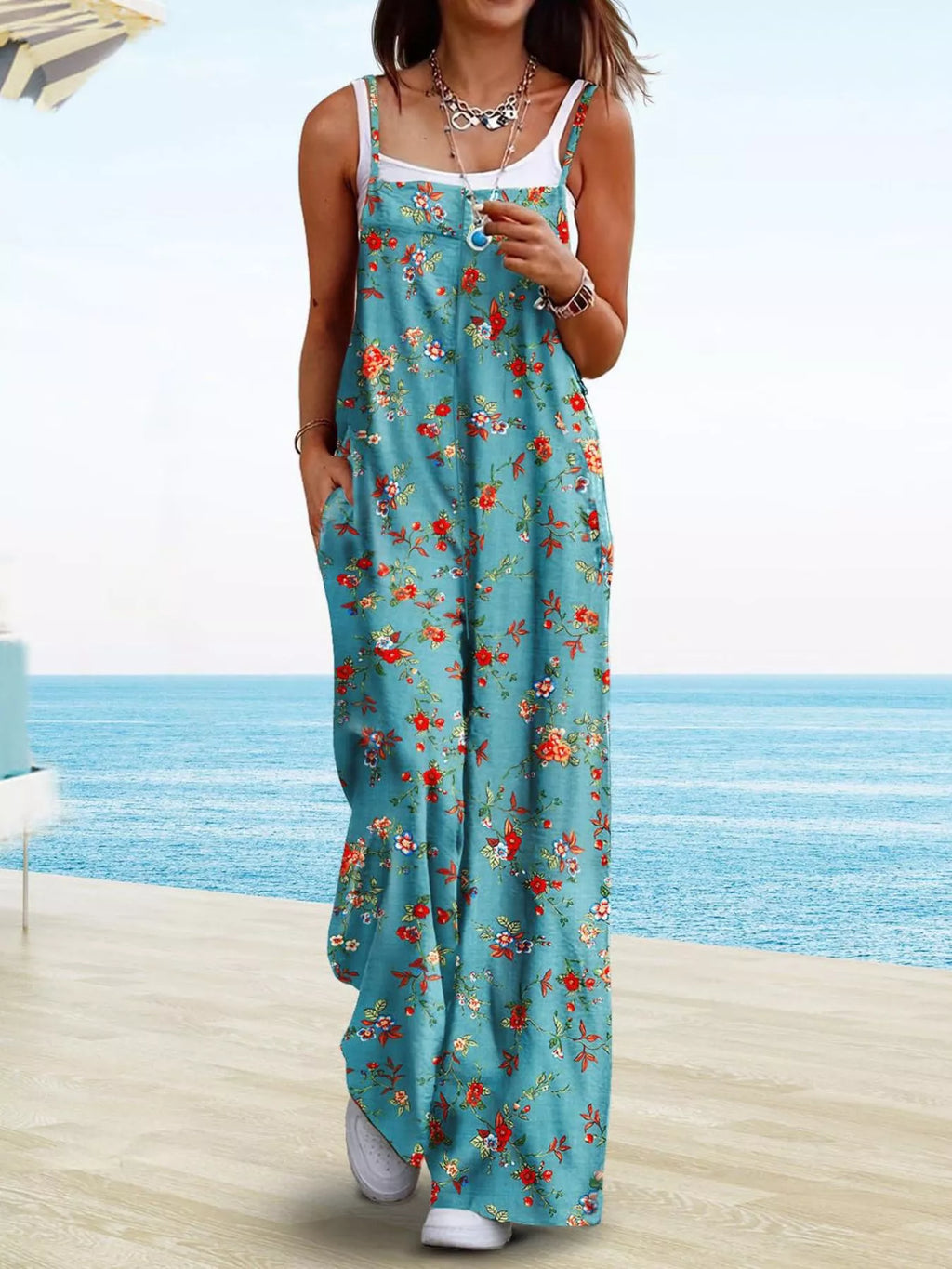 Full Size Floral Print Wide Leg Spaghetti Strap Overalls Plus Size