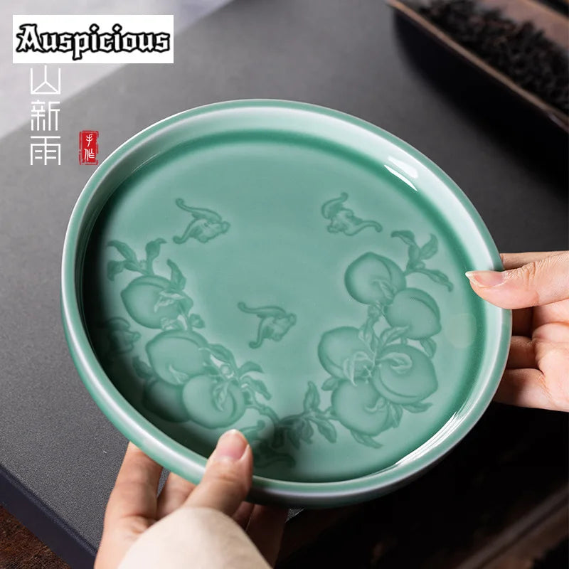 Handmade Celadon “Longevity Peach” Pot Stand – Small Tea Tray & Bearing Holder