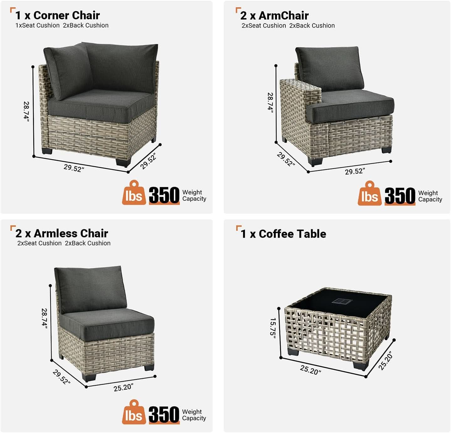 Six Piece Rattan Wicker Outdoor Sectional Sofa Set