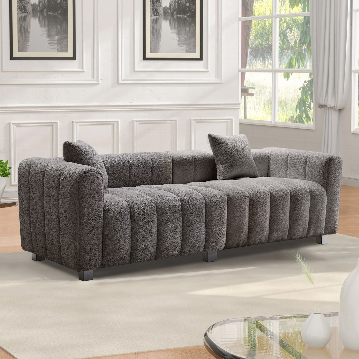 Sofa Modular Velvet Teddy Gray 3 Seat Metal Legs 87 In 750 LB
