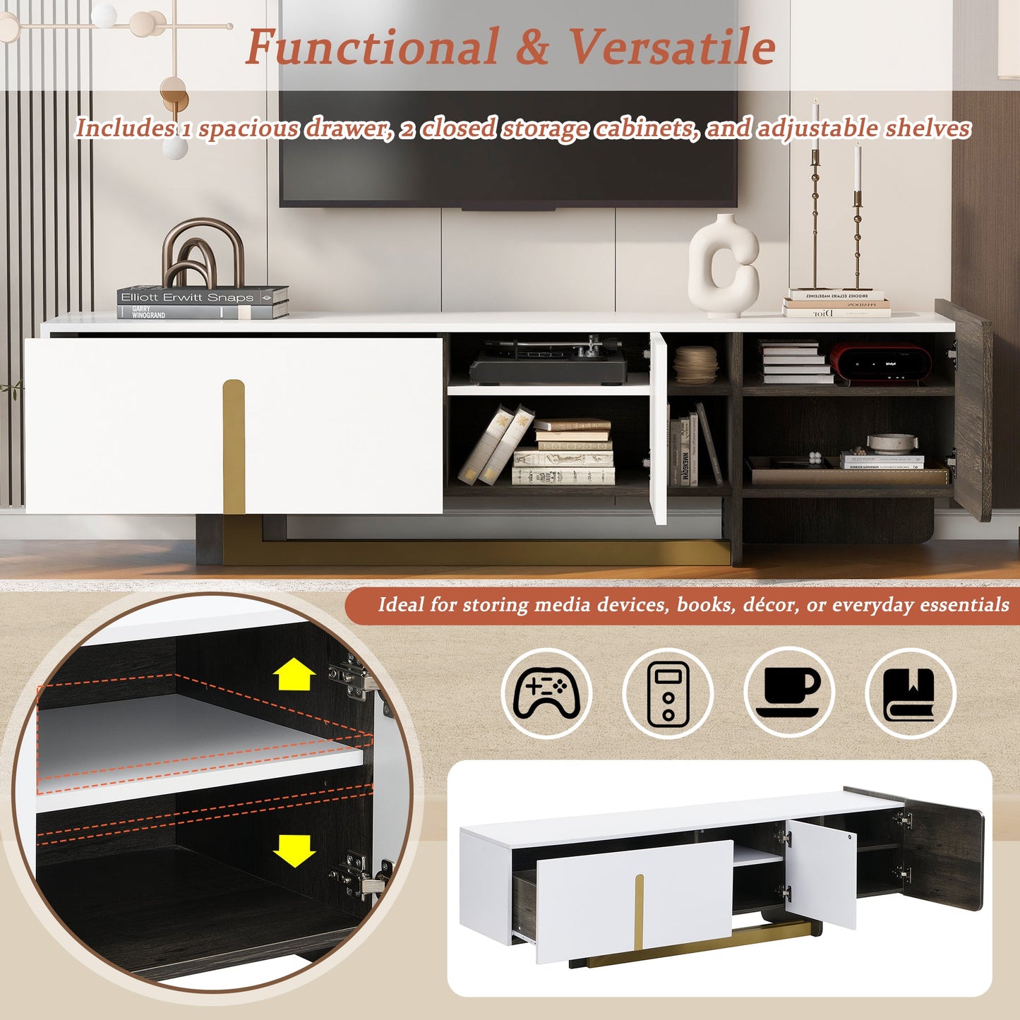 TV Stand Luxury White MDF Metal Legs Drawer 2-Cabinet Fits 70 In TV 66.7 In