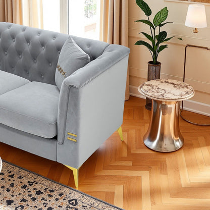 Mid-Century Velvet Sofa Set 2pc Tufted Gray Gold Legs