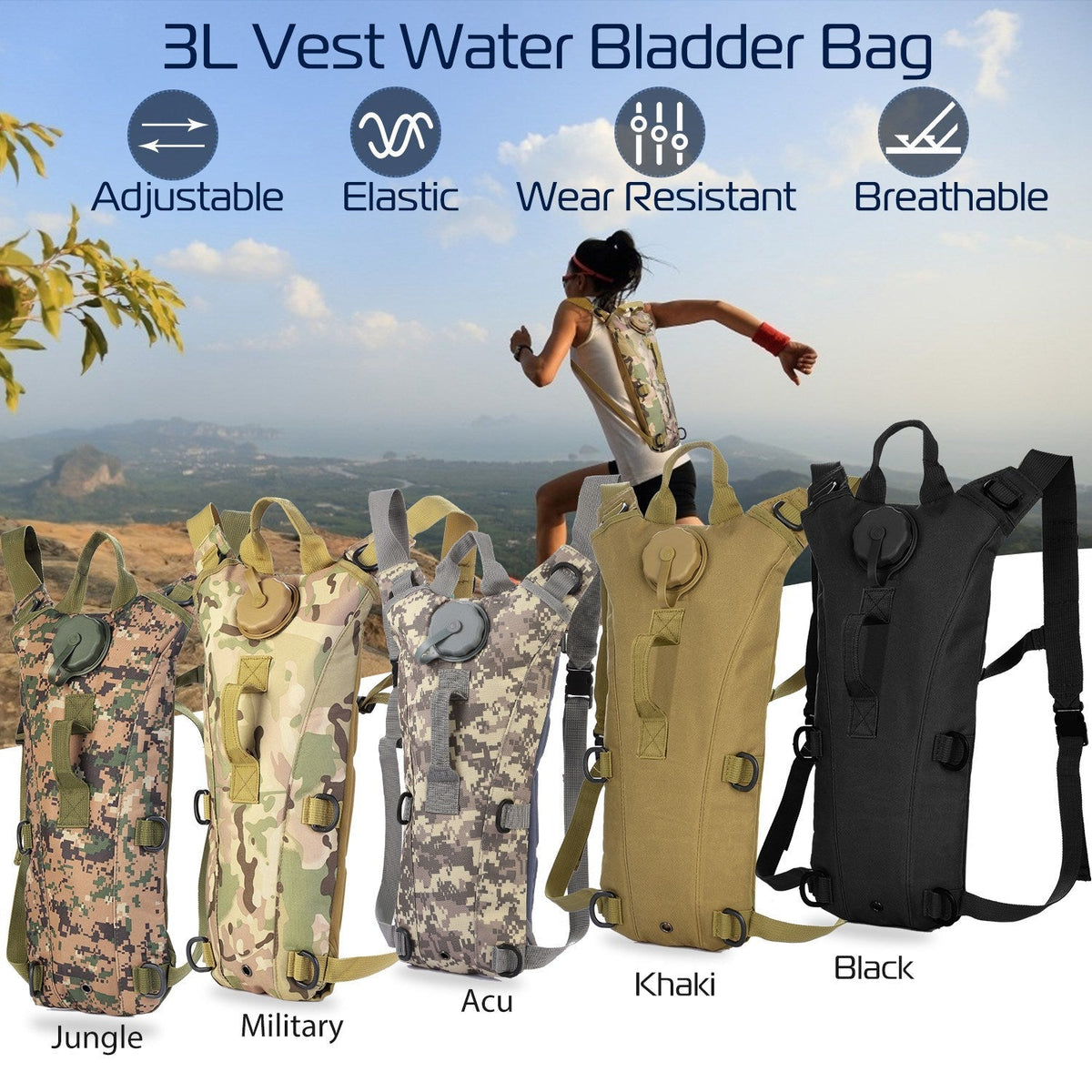 iMounTEK Tactical Hydration Pack 3L Water Bladder Adjustable Water Drink Backpack for Hiking Cycling Climbing Running