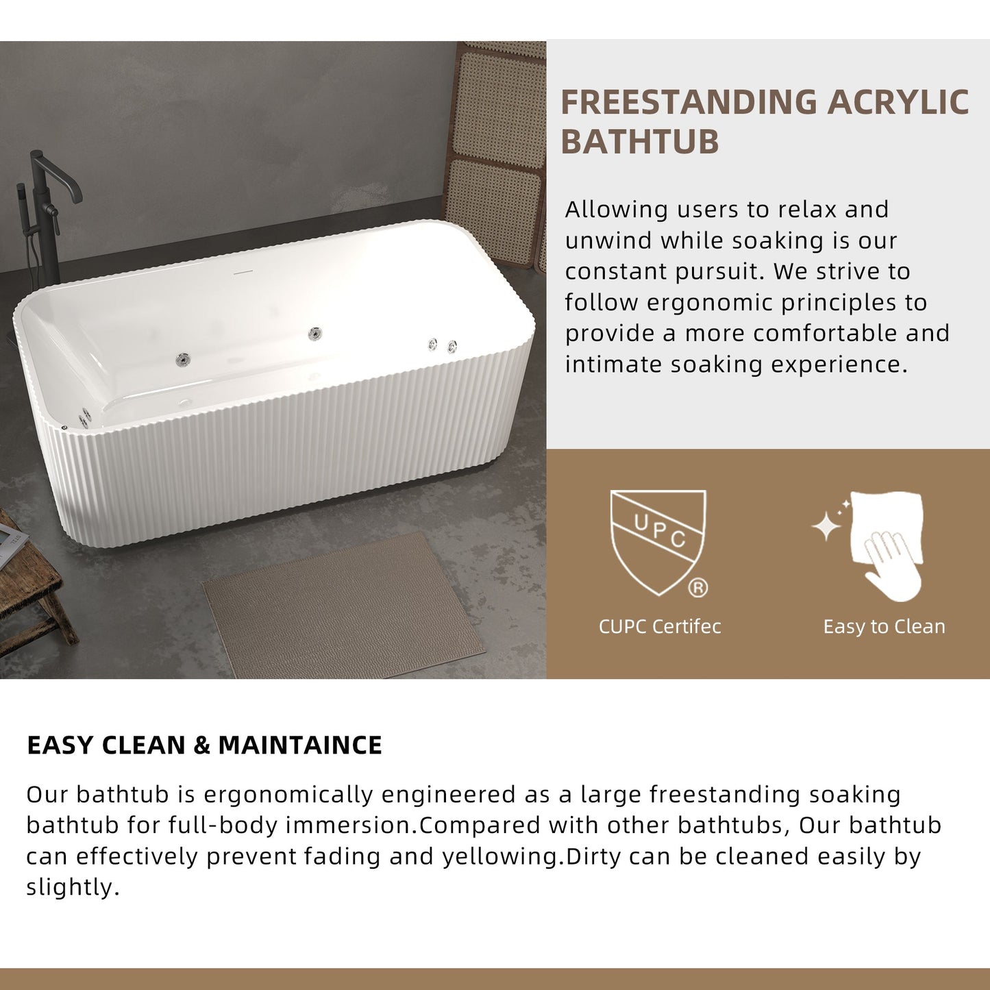 67' Rectangle Acrylic Whirlpool Bathtub Freestanding Soaker Tub Chrome Drain cUPC
