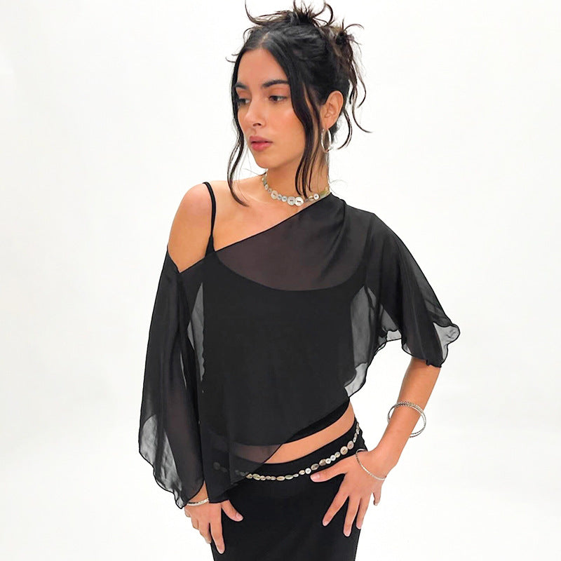 Solid-color Spaghetti-strap Midriff-baring Mesh Off-the-shoulder Outer Layer