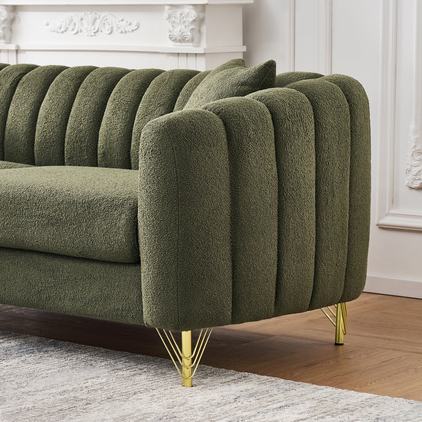 Loveseat Modern Chenille Green Gold Metal Legs 2 Seat 63 In 500 LB