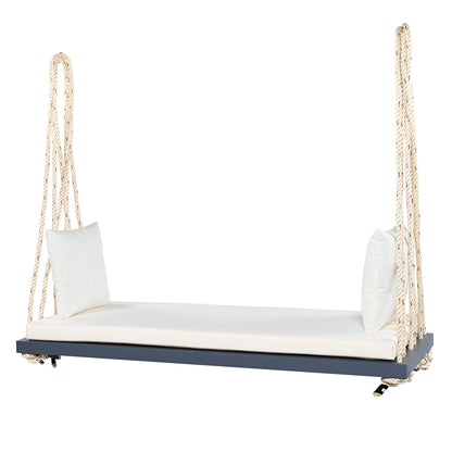 Outdoor Hanging Swing Chair Acacia Wood Gray Cushion Pillows 63x23.6 In 400 LB