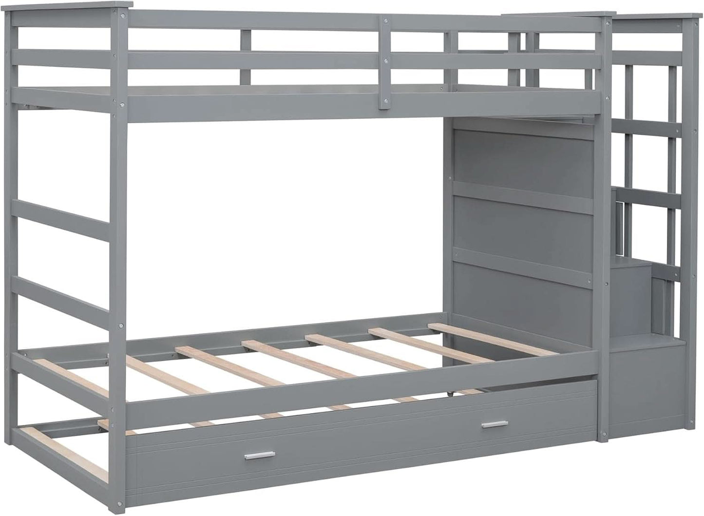 Natural Gray Twin Bunk Bed With Trundle And Stairs