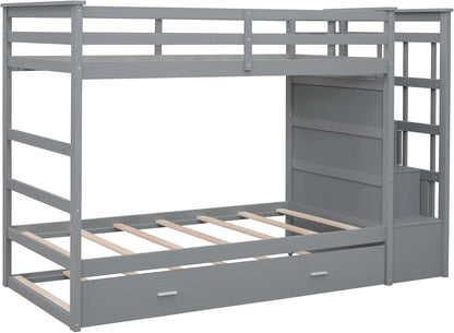 Natural Gray Twin Bunk Bed With Trundle And Stairs