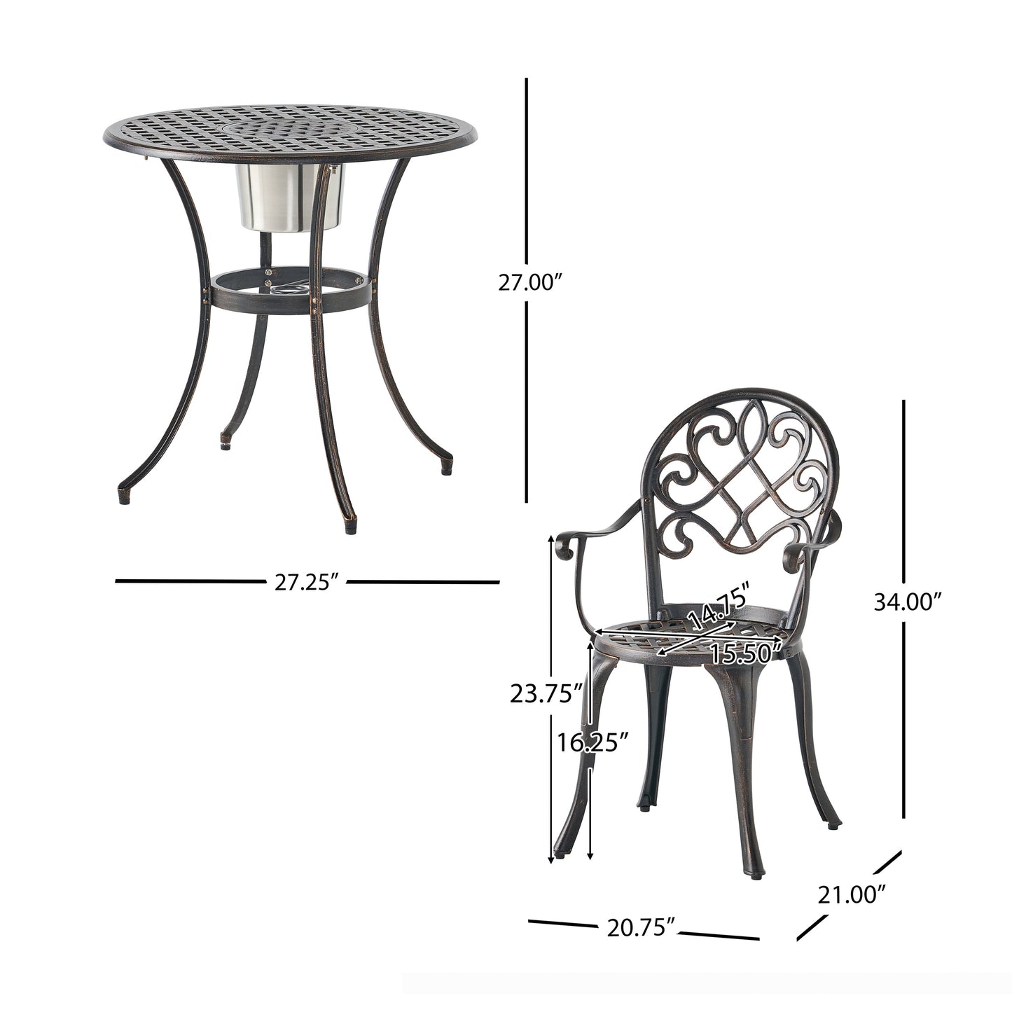 Outdoor Bistro Set Cast Aluminum Copper 3 Piece Ice Bucket Table 2 Chairs